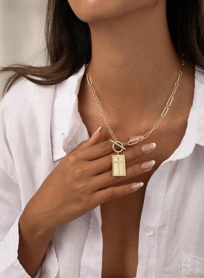 Robaice 14K Gold Plated Cross Necklace for Women, Non-Tarnish Faith Jewelry with Toggle Clasp, Fashion Necklace Gifts for Women, Christian Faith, Communion, Birthday & Christmas - Image 2